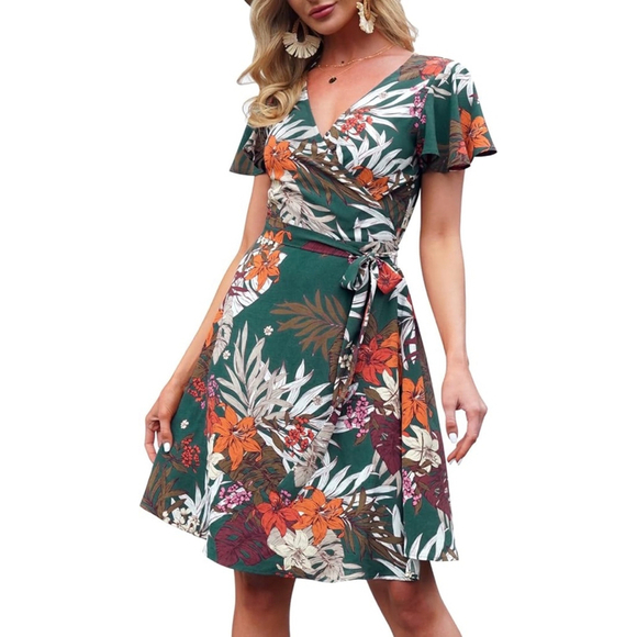 DJT Summer‎ Floral Print Wrap Dress Flutter Sleeves Size XL Green/Orange - Picture 1 of 6